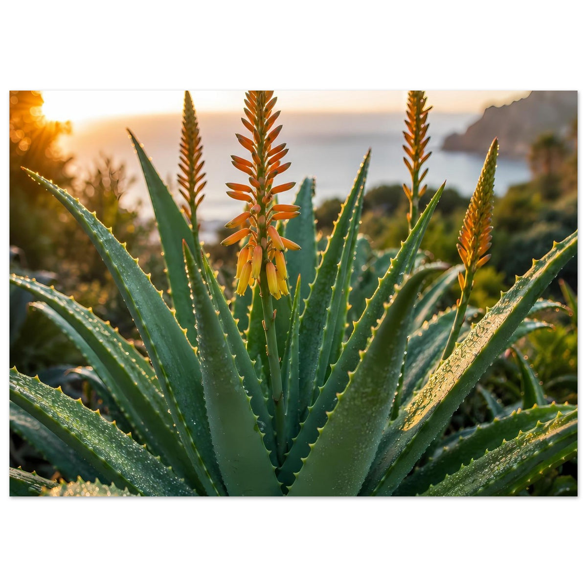 Poster mit grüner Aloe-Pflanze, orangefarbenen Blütenständen und dichten Blättern