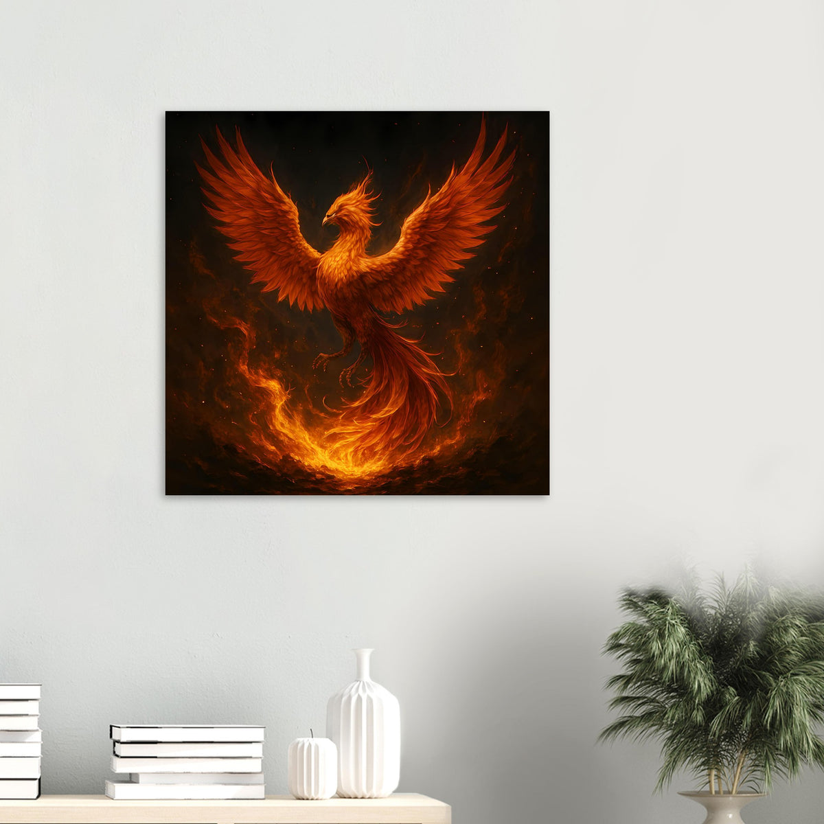 Gerahmtes quadratisches Poster mit brennendem Phönix, geöffneten Flügeln und orangefarbenen Flammen