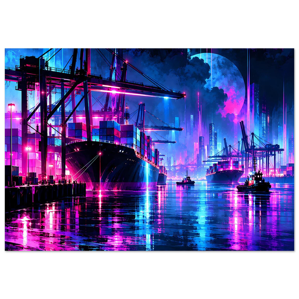 Neon-Hafen-Nachtlandschaft Poster im Querformat, Hafenbrücke mit Pink-Blau-Lichtreflexen