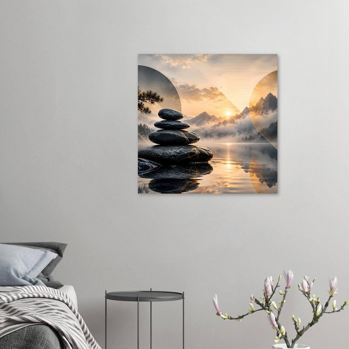 Kleines Poster mit Stein-Stapel und Sonnenaufgang, Berge im Dunst, Spiegelung im Wasser
