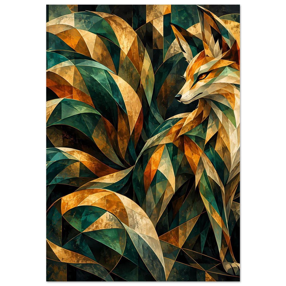 Kunstposter mit Fuchs-Motiv aus geometrischen Prismen in Gold, Grün und Beige