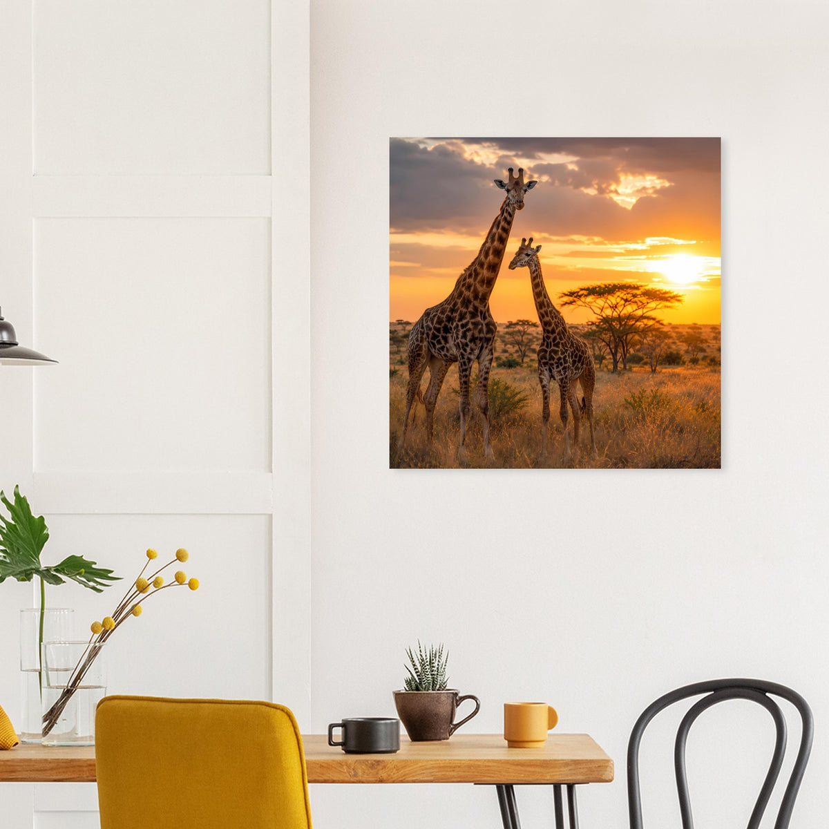 Poster mit Giraffenpaar in der Savanne bei Sonnenuntergang