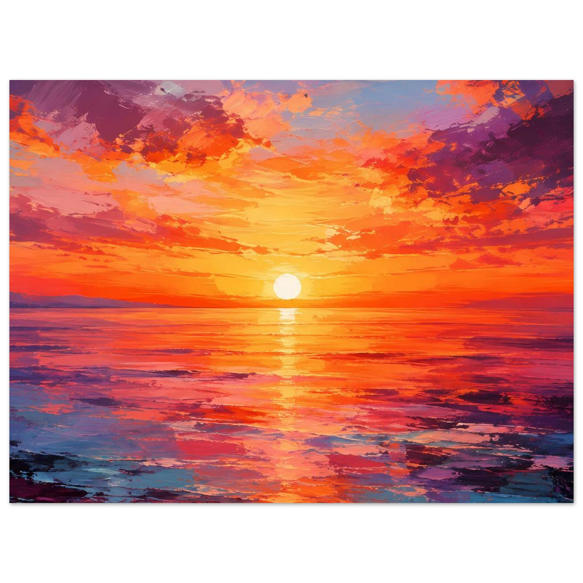Poster: Orange-Violett Sonnenuntergang über Meer mit klarer Kreis-Sonne und Spiegelung