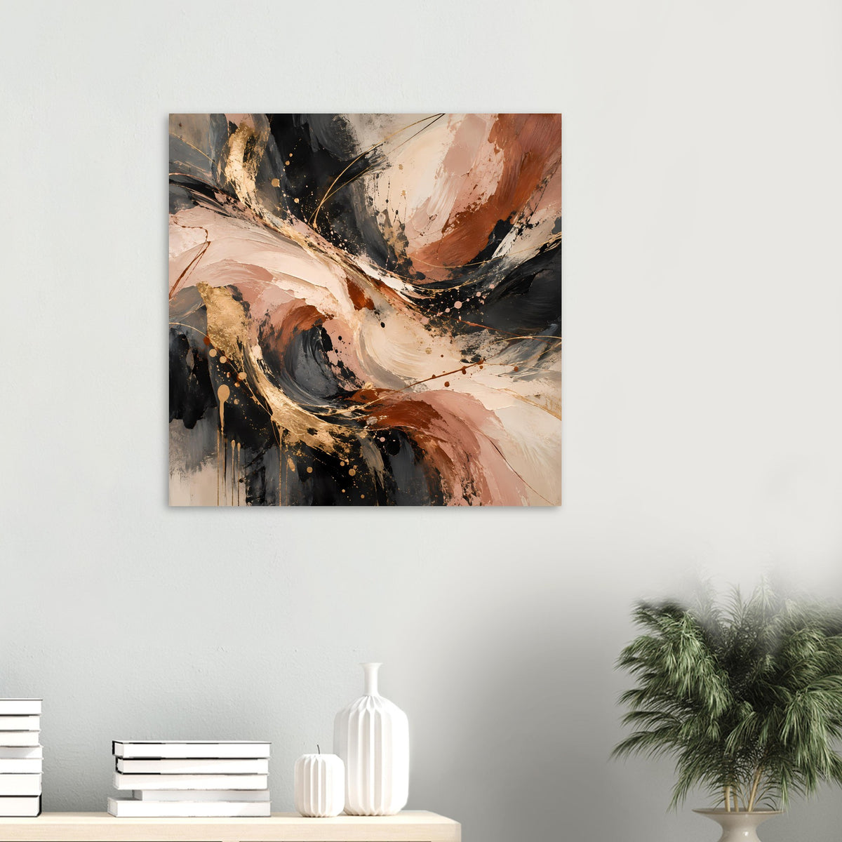 Abstraktes Poster mit wirbelndem Muster in Schwarz, Beige, Braun und Gold