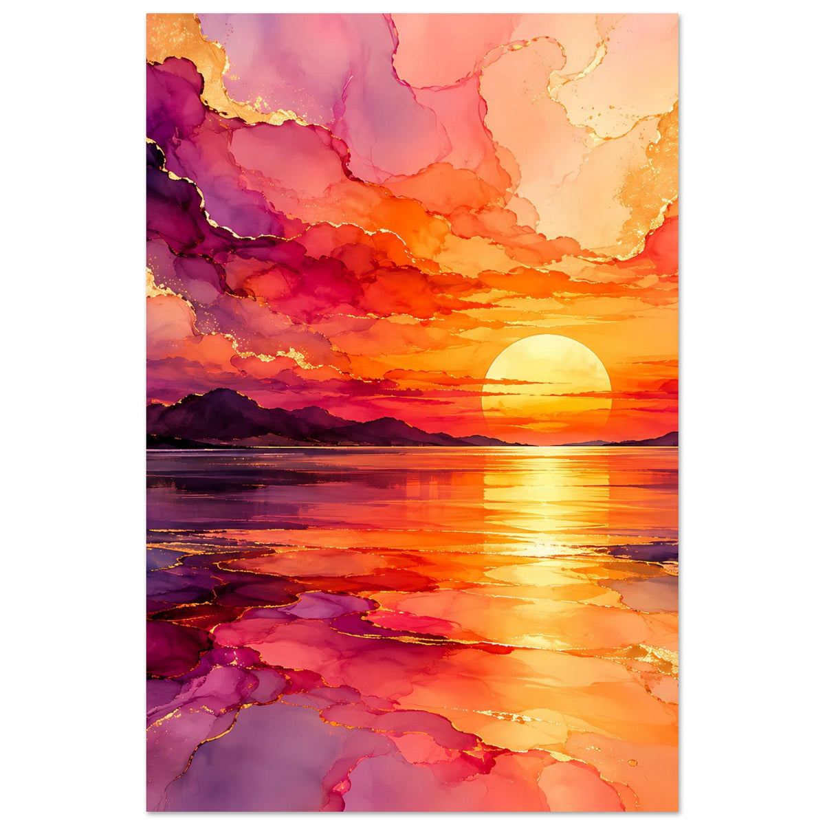 Sonnenuntergangs-Poster im Hochformat mit runder Sonne und orangefarbenem Wasserreflex