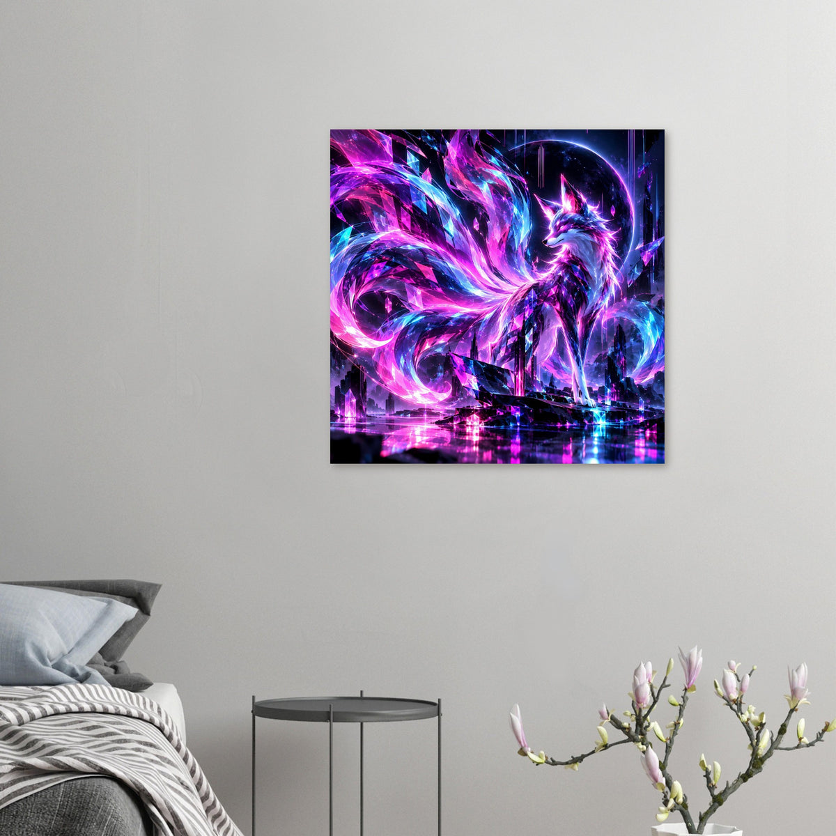 Kleines Neon-Fuchs Poster mit leuchtenden Violett-Blau-Tönen und Lichtbogen-Elementen