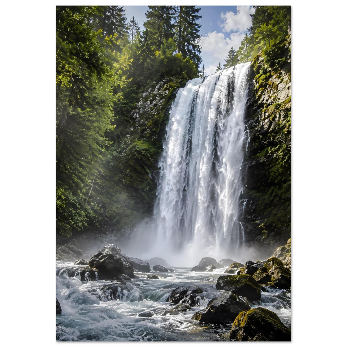 Premium-Poster mit Wasserfall im Tal, umgeben von Nadelbäumen und Felsen, Hochformat.