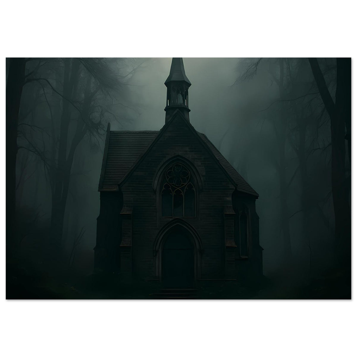 Poster, dunkle Kapelle mit Turmkreuz, Giebelfenster und zweifachem Rundbogenportal
