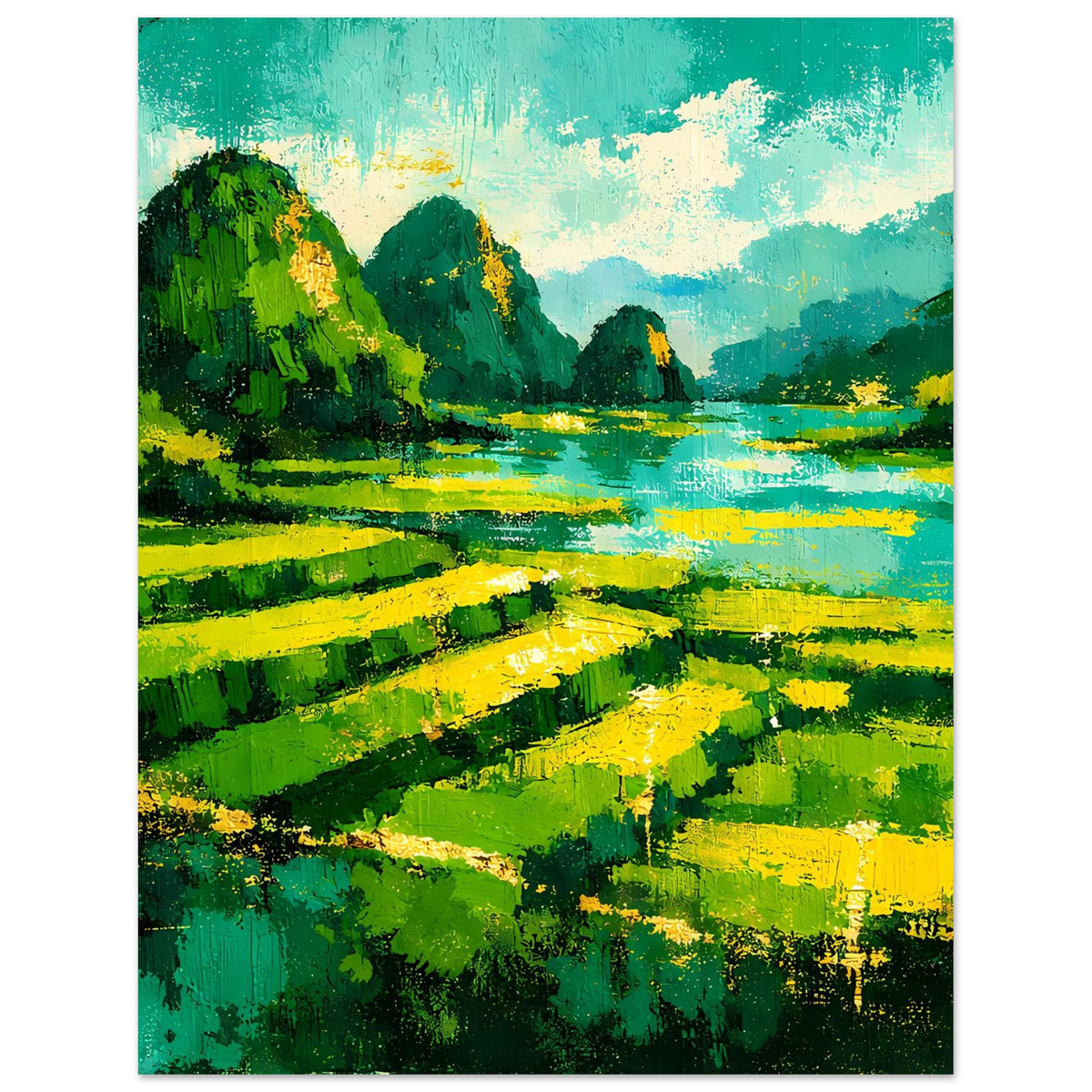 Landschaftsposter im Hochformat: Flusslandschaft mit kräftigen Grün- und Gelbflächen.