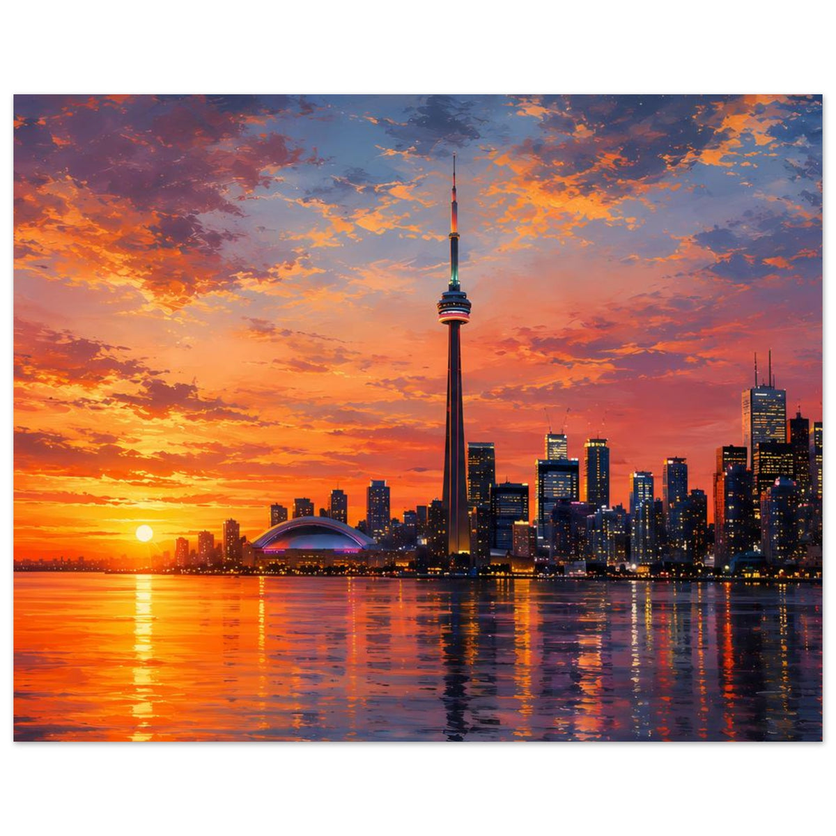 Poster im Querformat: Skyline mit Fernsehturm, orange-blauer Abendhimmel und ruhiges Wasser