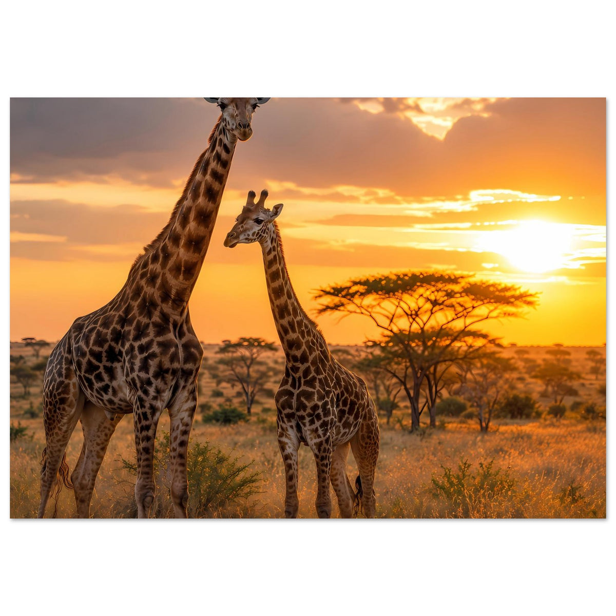 Poster mit drei Giraffen, eine hebt den Kopf, im warmen Sonnenuntergang