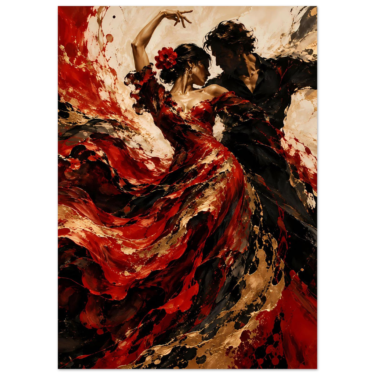 Poster mit Flamenco-Tanzmotiv: rotes Kleid mit dynamischen Pinselstrichen, Mann rechts im Profil