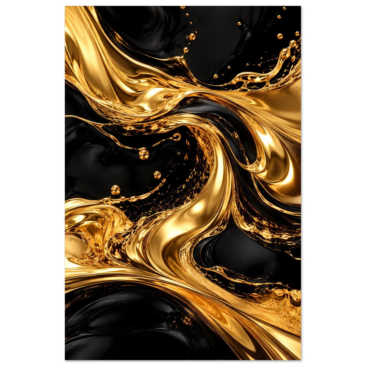 Vertikales abstraktes Poster: goldene S-Formen und Wellen auf tiefschwarzem Grund
