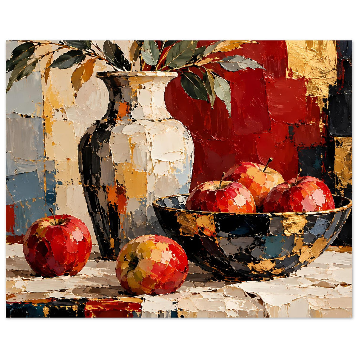 Kunstposter Ausschnitt Stillleben: Vase, Schale mit roten Früchten, kräftige Rot- und Goldflächen