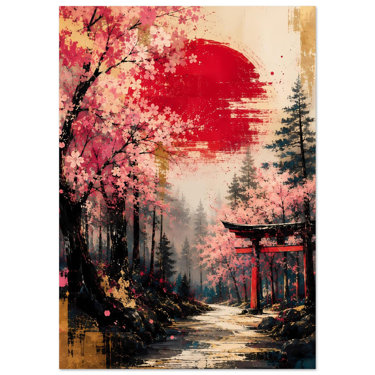 Poster mit Kirschblütenblütenmeer, rotem Pinselbogen und Torii am Weg