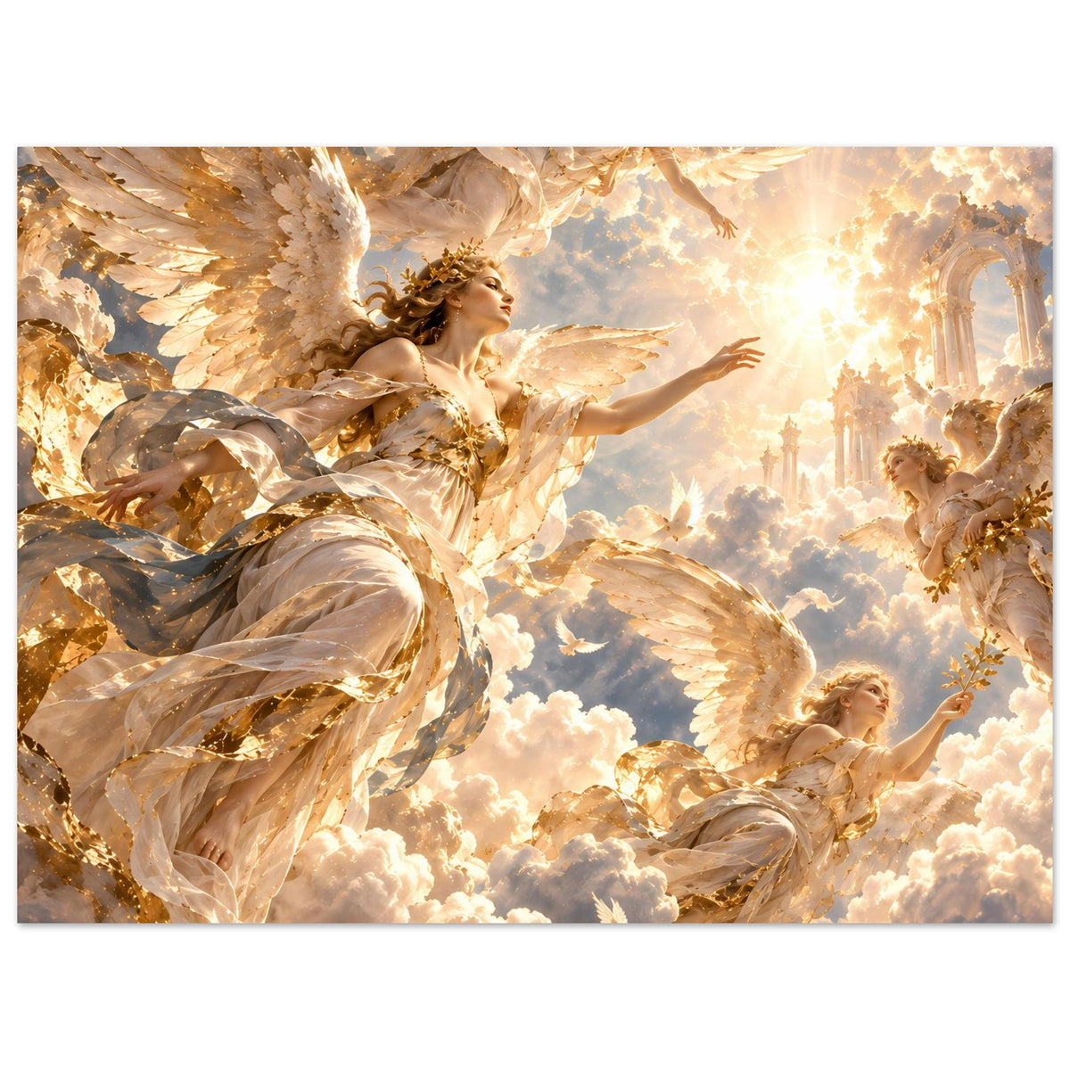 Premium-Mattposter horizontal: Engel und Cherub-Engel in Gold, starke Lichtquelle im Motiv