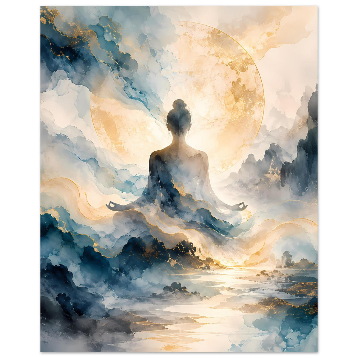 Zen-Poster mit Meditationsfigur im leuchtenden Mondkreis, Berge und Wolken in Blau