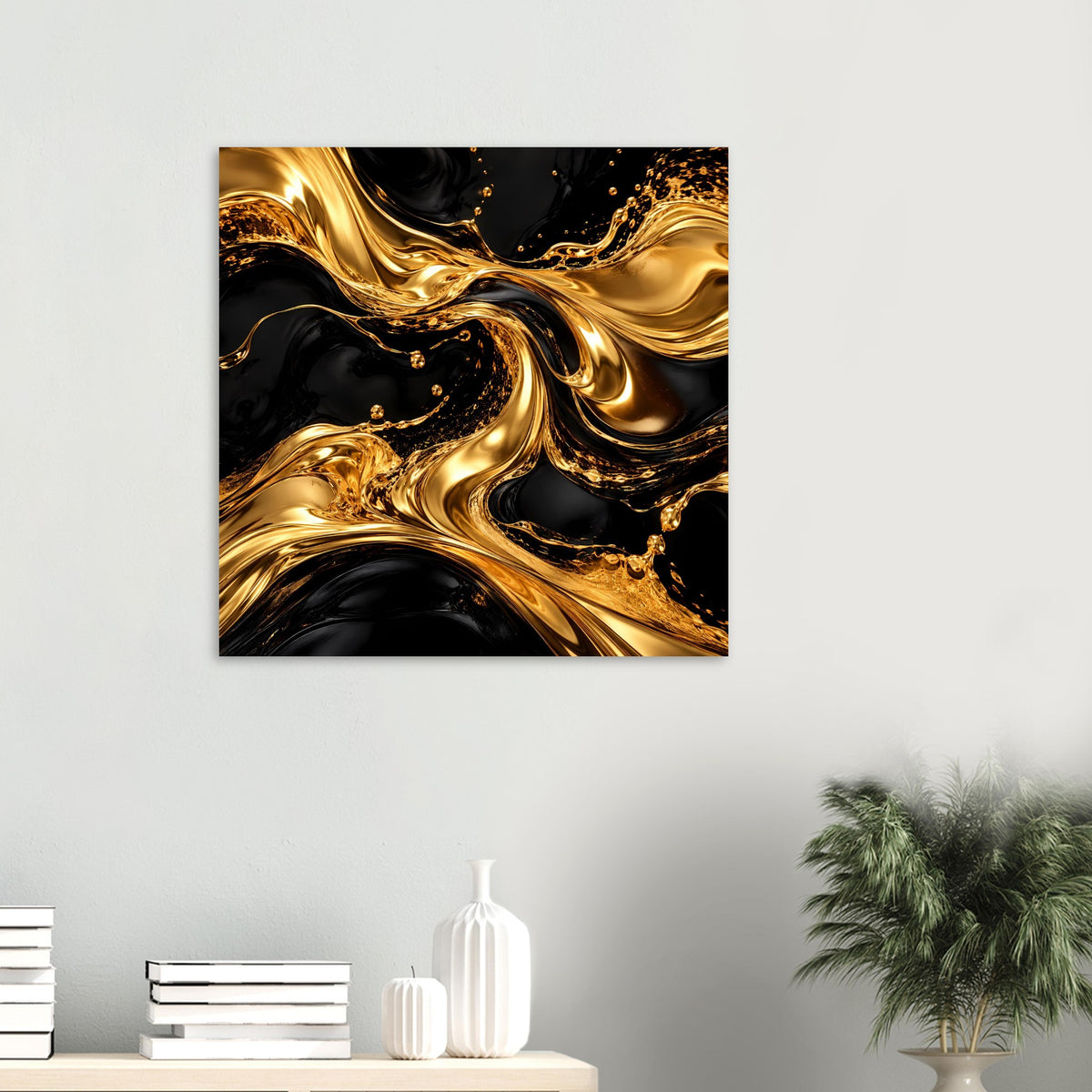Luxusposter im quadratischen Format: goldene Abstrakt-Wellen auf dunklem Schwarz