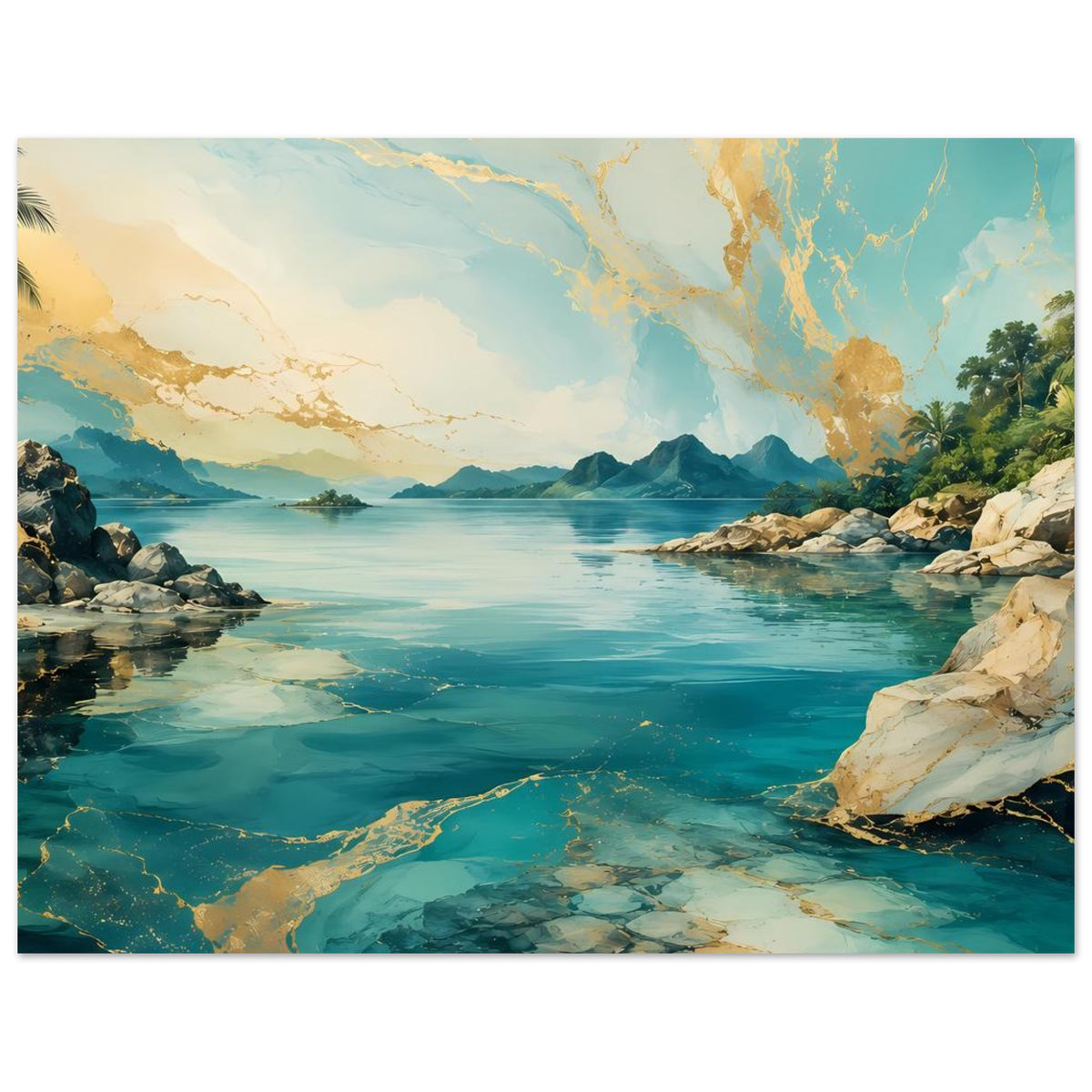 Küstenposter im Querformat mit türkisblauem Meer, Felsenriff und Fernbergen