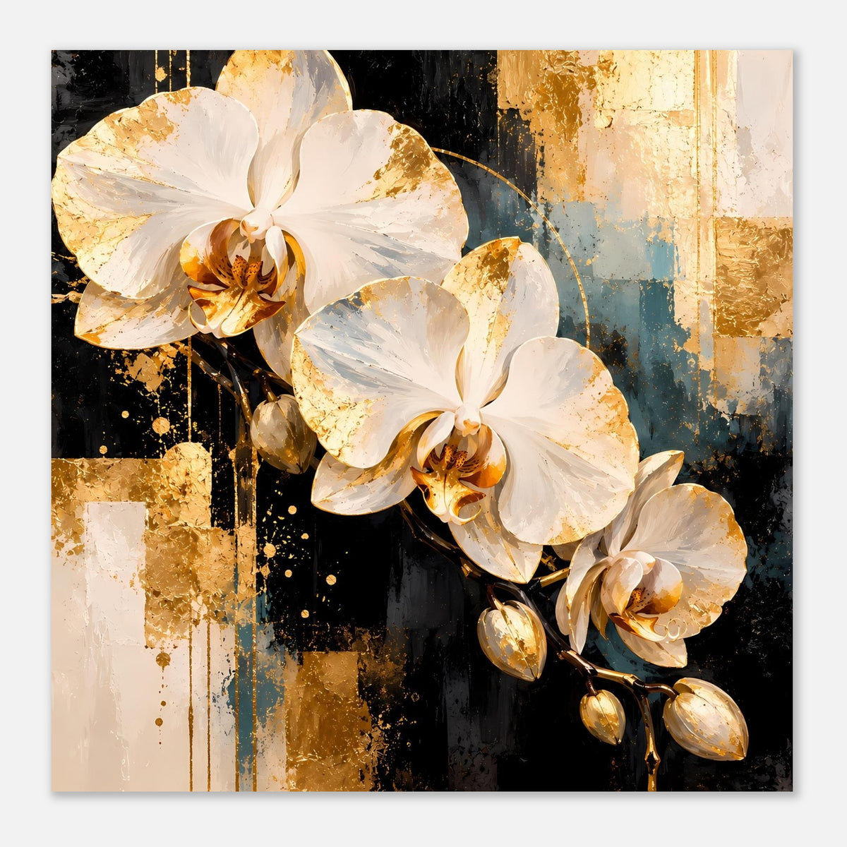 Nahaufnahme-Wandposter mit weißen Orchideenblüten und goldenen Details
