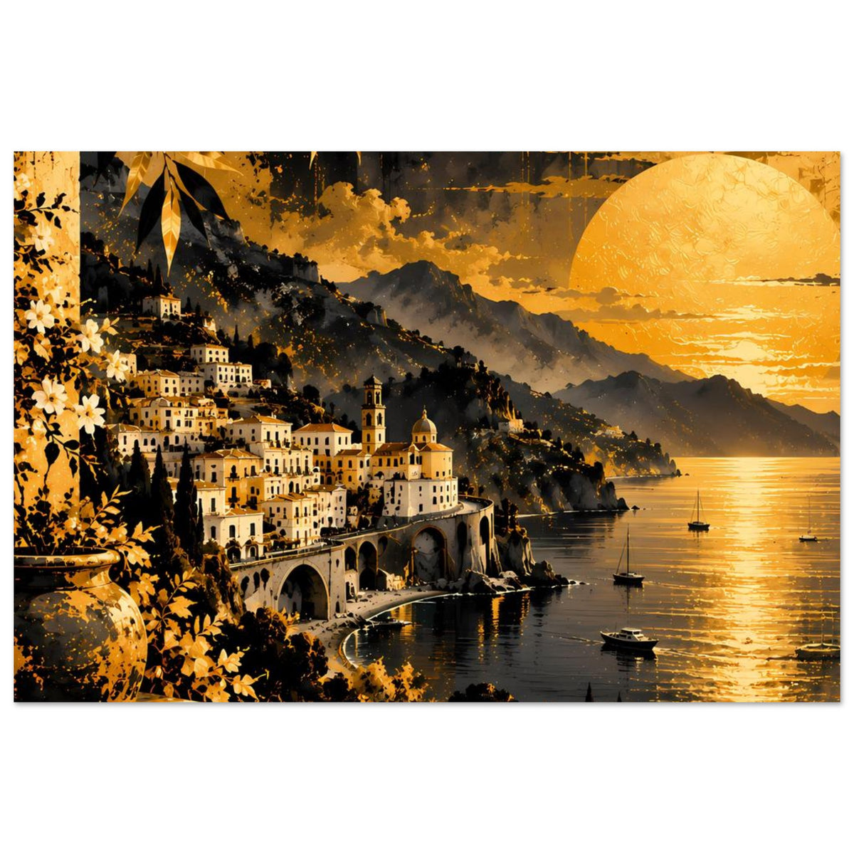 Horizontales Poster mit Küstendorf, großer gelber Sonne, Booten und Abendgold
