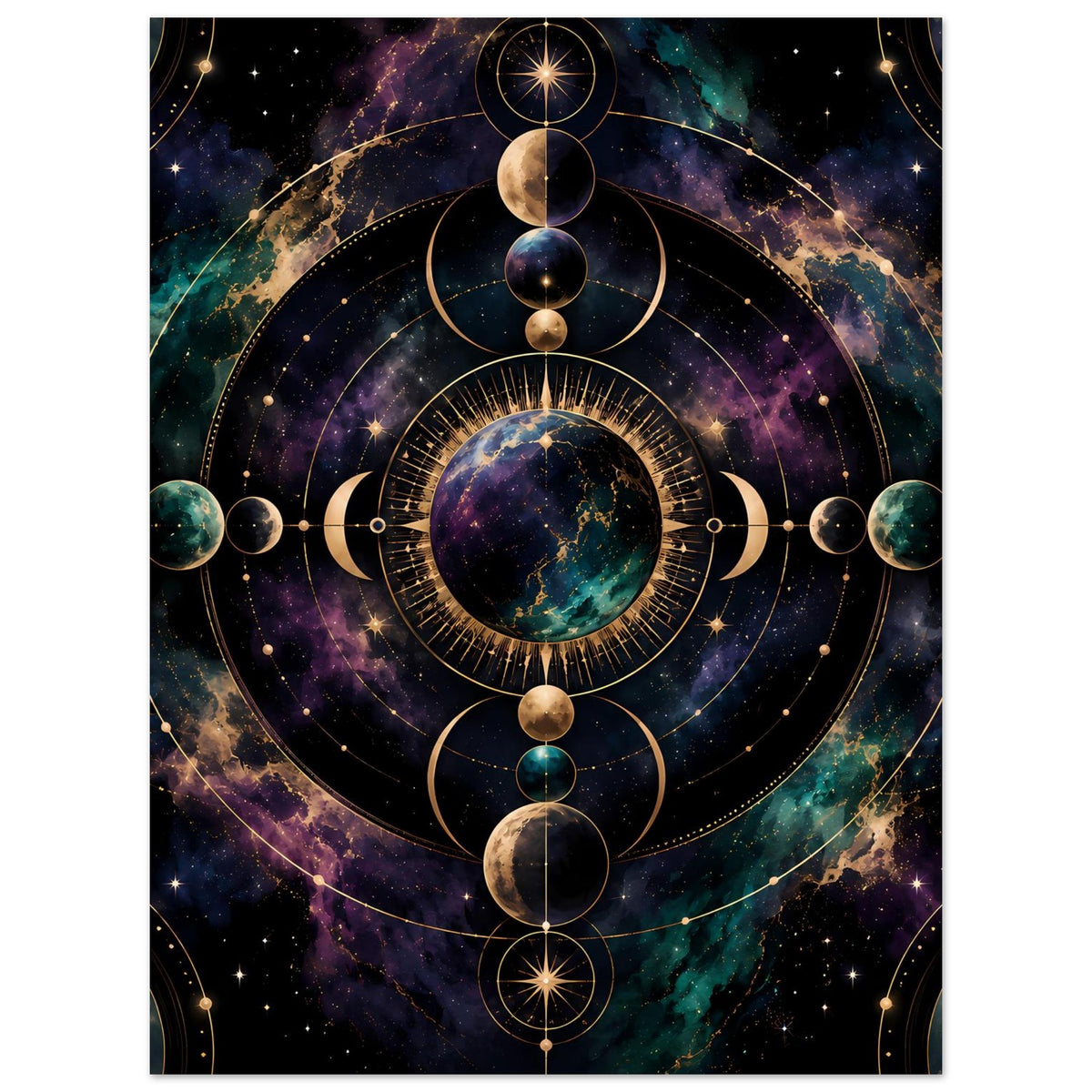 Poster mit Mondphasen-Kreisdiagramm, zentrale Planetenscheibe und vierteilige goldene Kreise