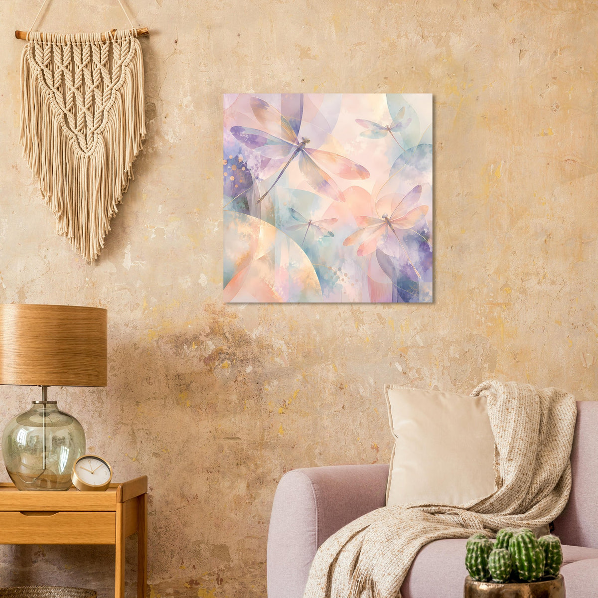Quadratisches Pastellposter mit Libellen in Pfirsich-, Lavendel- und Hellbautönen