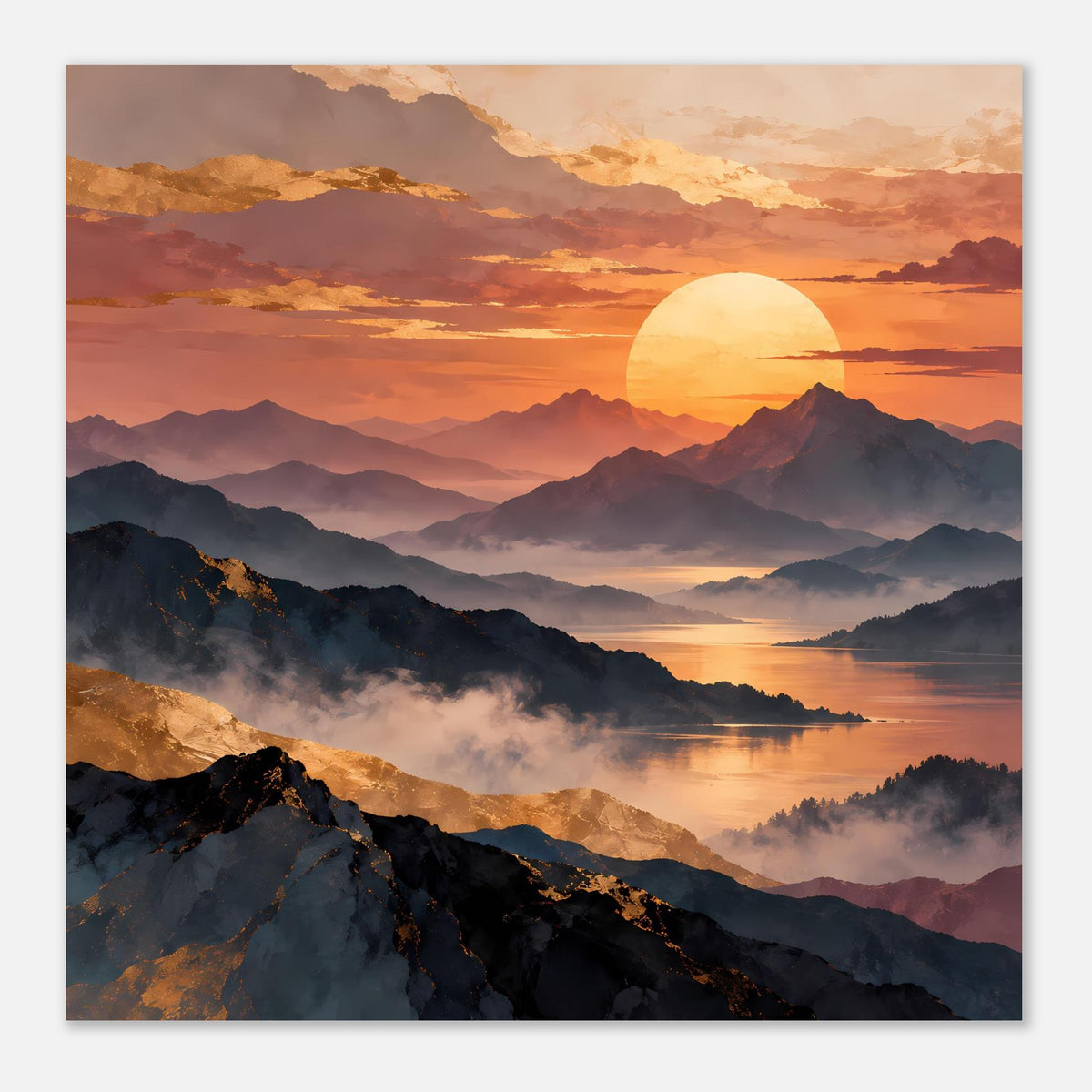 Quadratisches Wandposter mit Sonnenuntergang über Berglandschaft, großer Sonne und Nebelschleiern