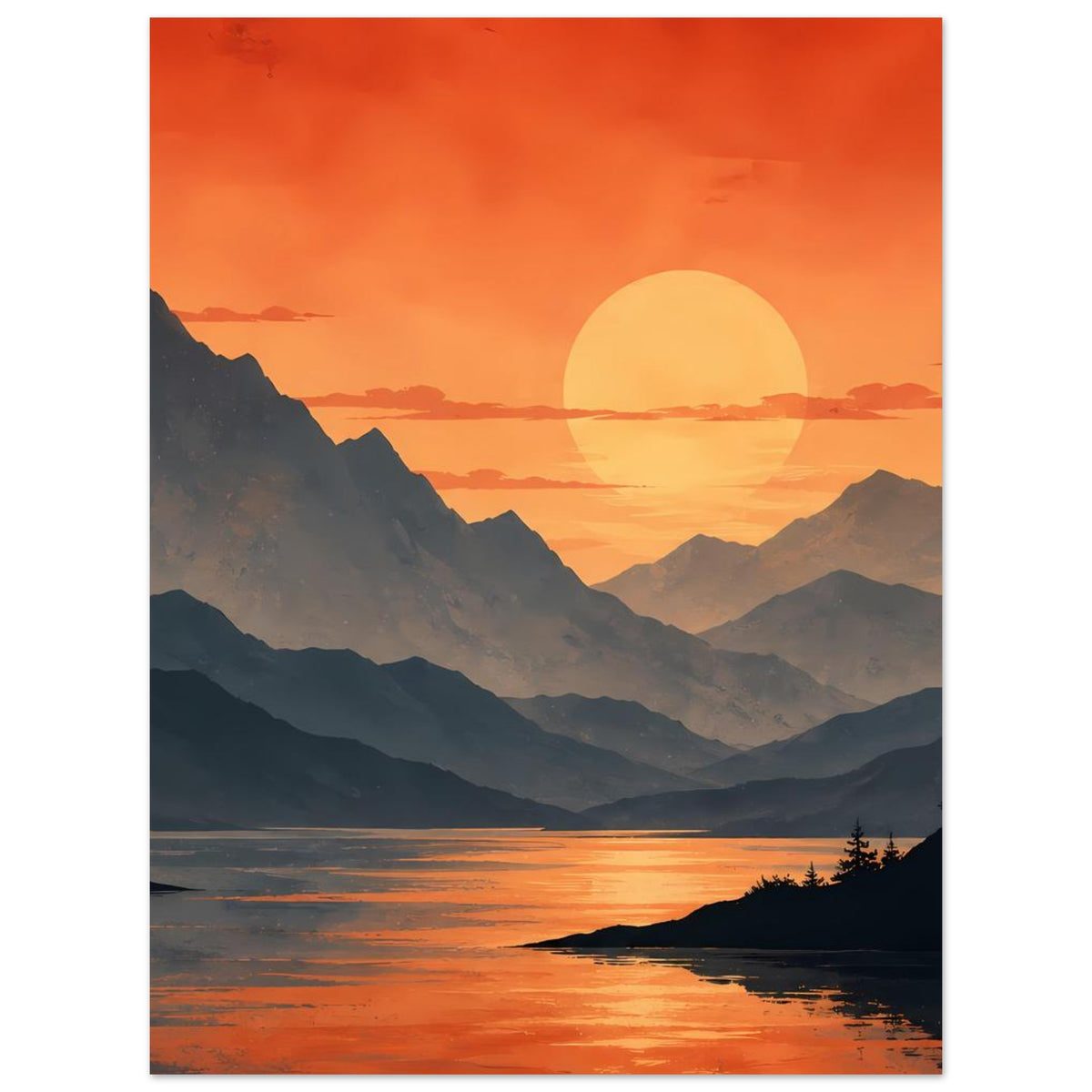 Poster: orangefarbener Sonnenuntergang über Bergtälern mit See und dunklen Silhouetten