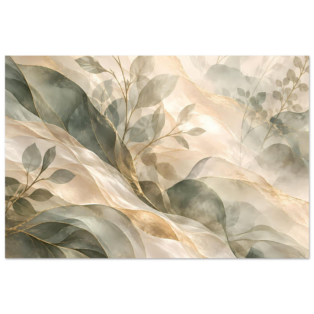Rahmenkunstposter, horizontal, mit stilisierten Blättern in Salbeigrün, Creme und Gold