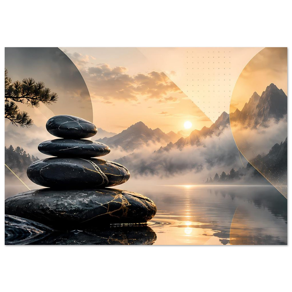 Wandposter, Querformat: Meditationssteine und goldenes Licht über Berglandschaft und ruhigem Wasser