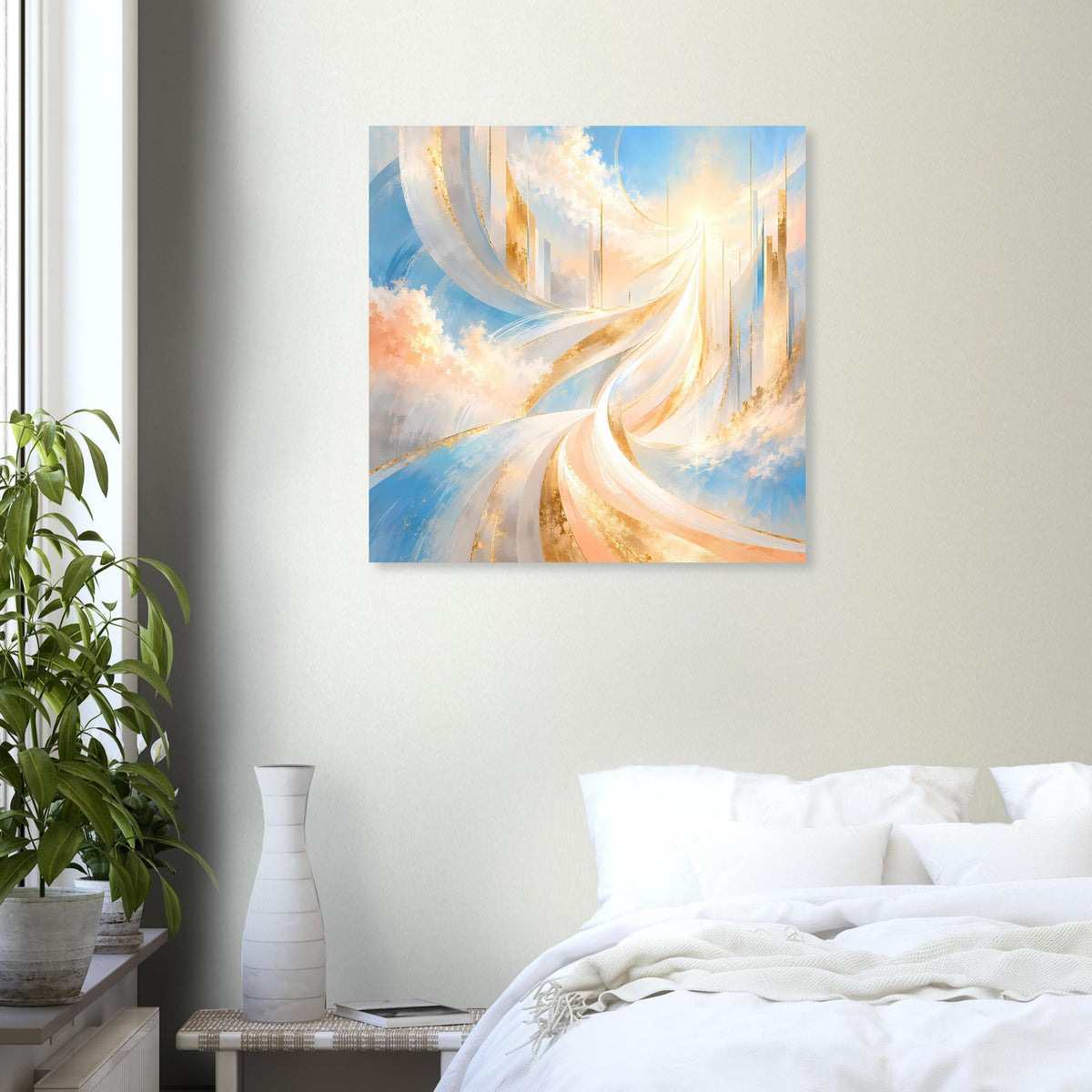 Abstraktes Himmels-Poster mit goldenen und blauen Swooshes, Lichtstrahl