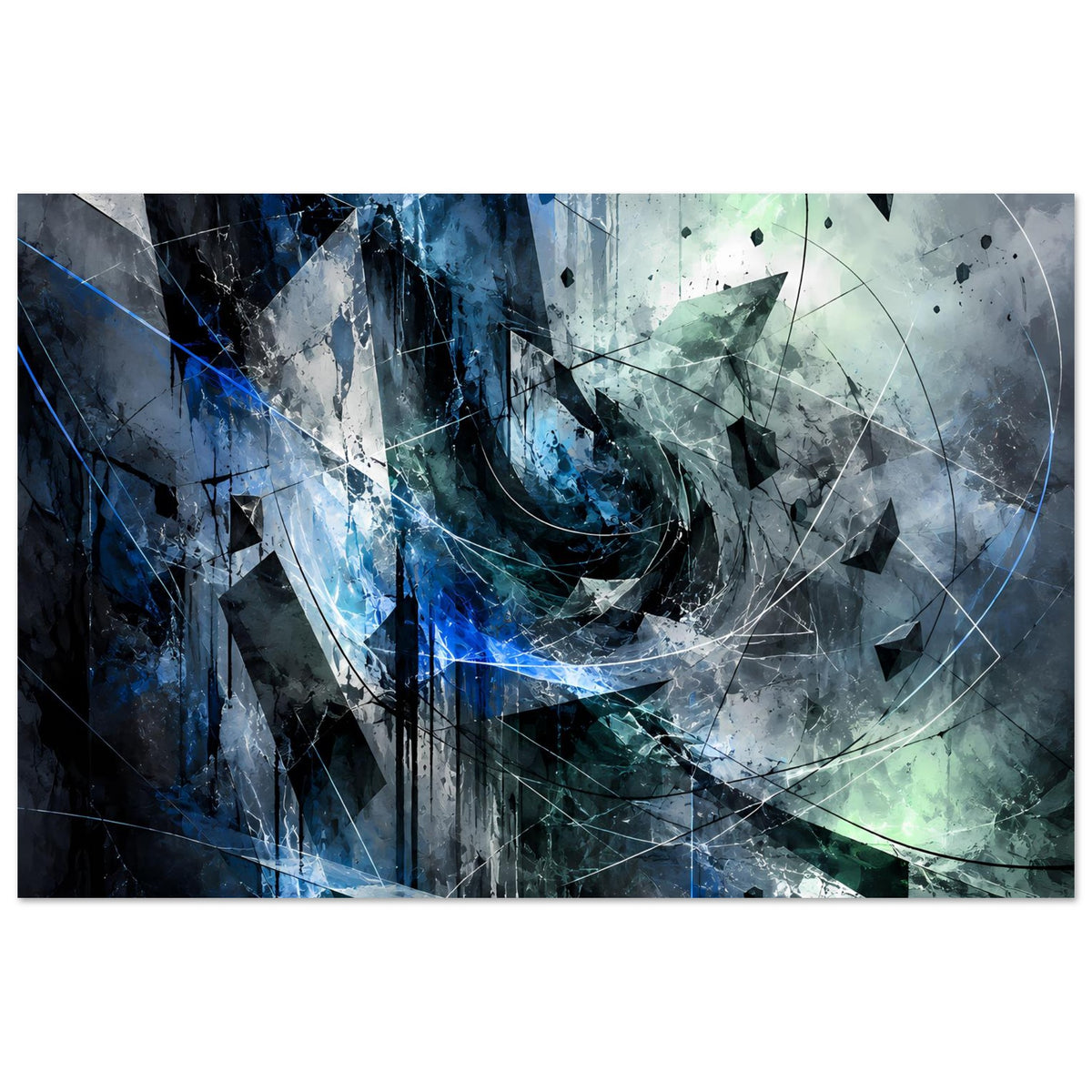 Abstraktes Kunstposter im Querformat mit blauem Lichtstreifen, Kreisformen und dunklen Flächen