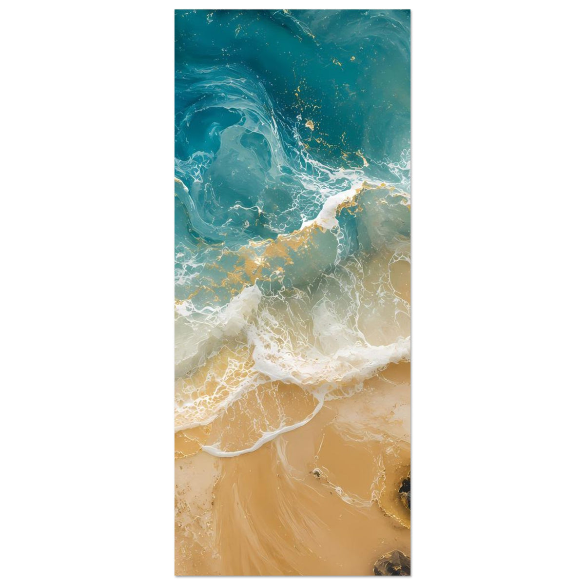 Vertikales Poster mit Meerwellen und Sandstrand, türkisblaues Wasser, goldene Akzente