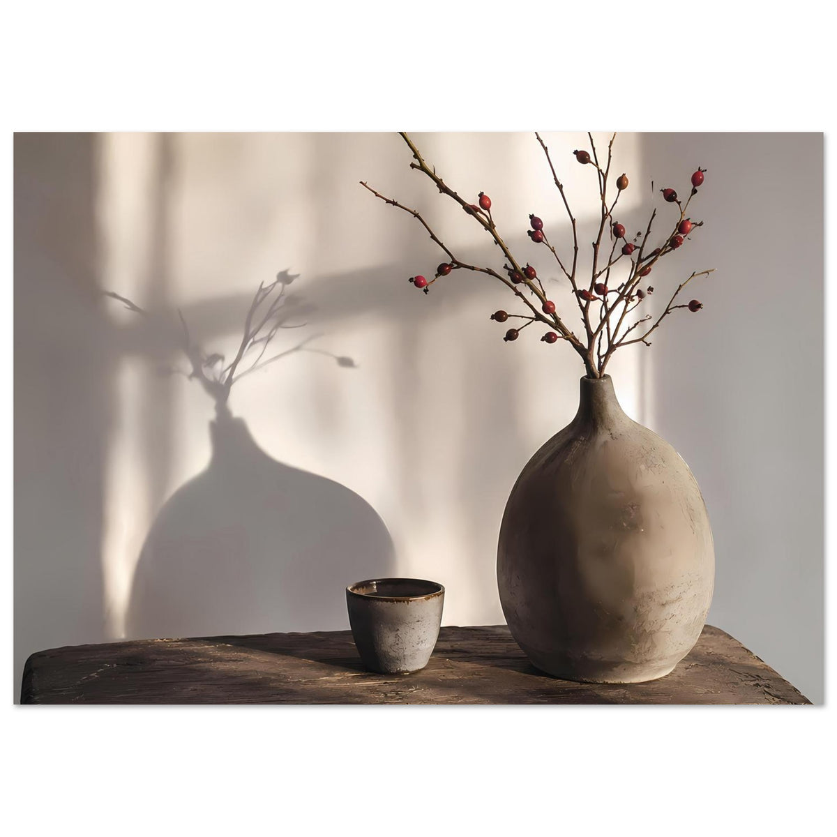 Still-Life-Poster (breit) mit Vase, Beerenzweigen und Tasse auf Holzplatte