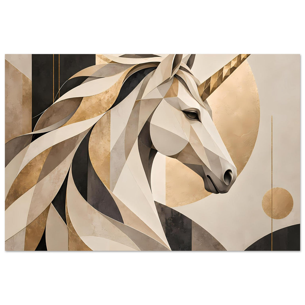 Horizontales Poster: geometrisches Einhorn-Porträt in Beige- und Grautönen