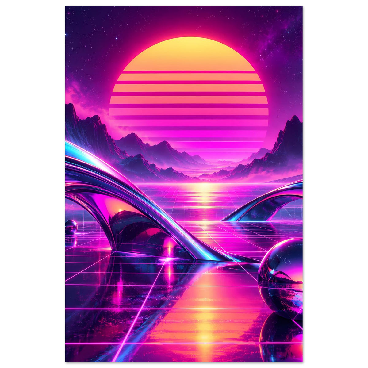 Retro-Science-Fiction-Poster im Hochformat: Neon-Sonnenuntergang, Rasterboden, violette Glaskugel