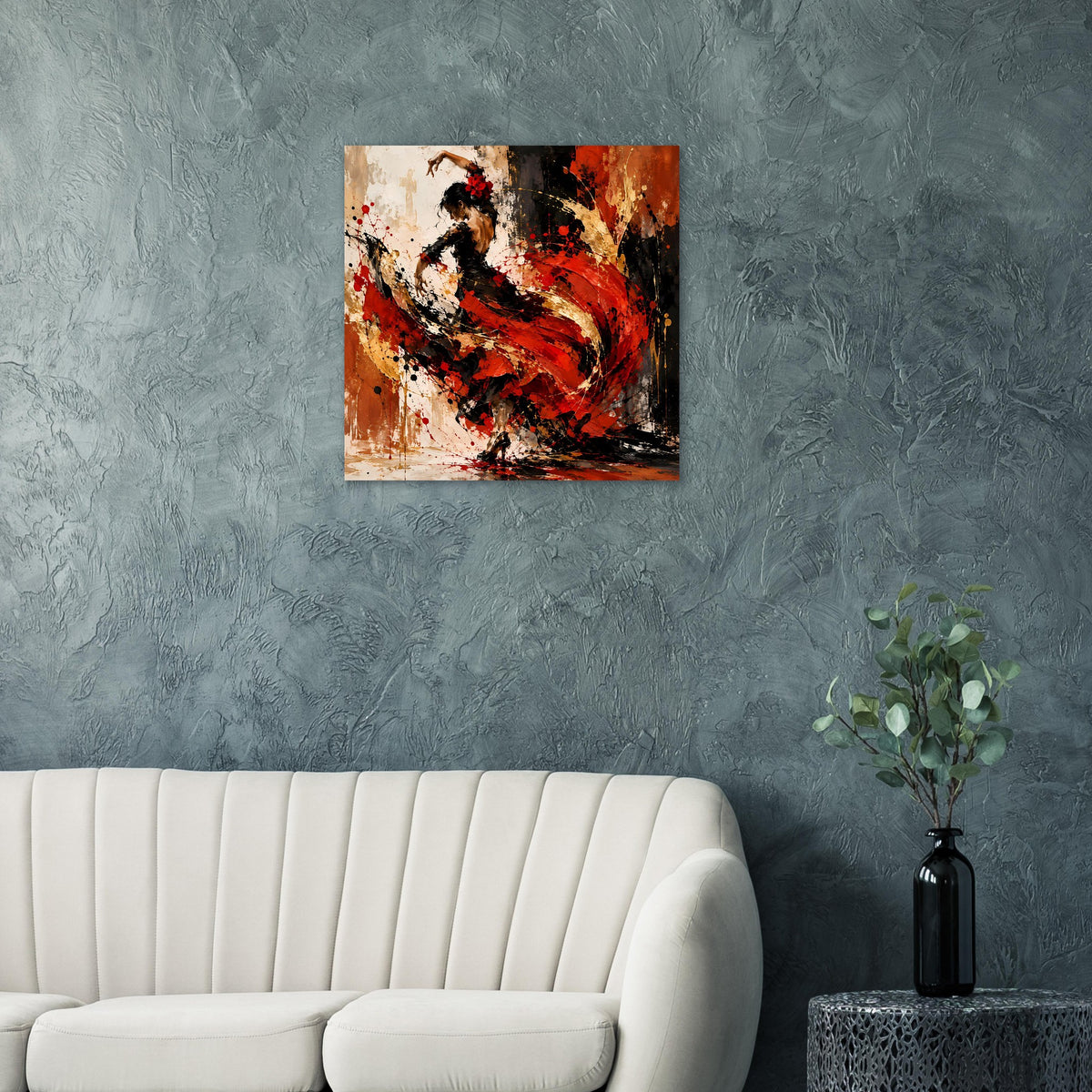 Poster mit abstrakter Flamenco-Tänzerin, rotes Kleid, schwarz-rote Farbflächen und Spritzer