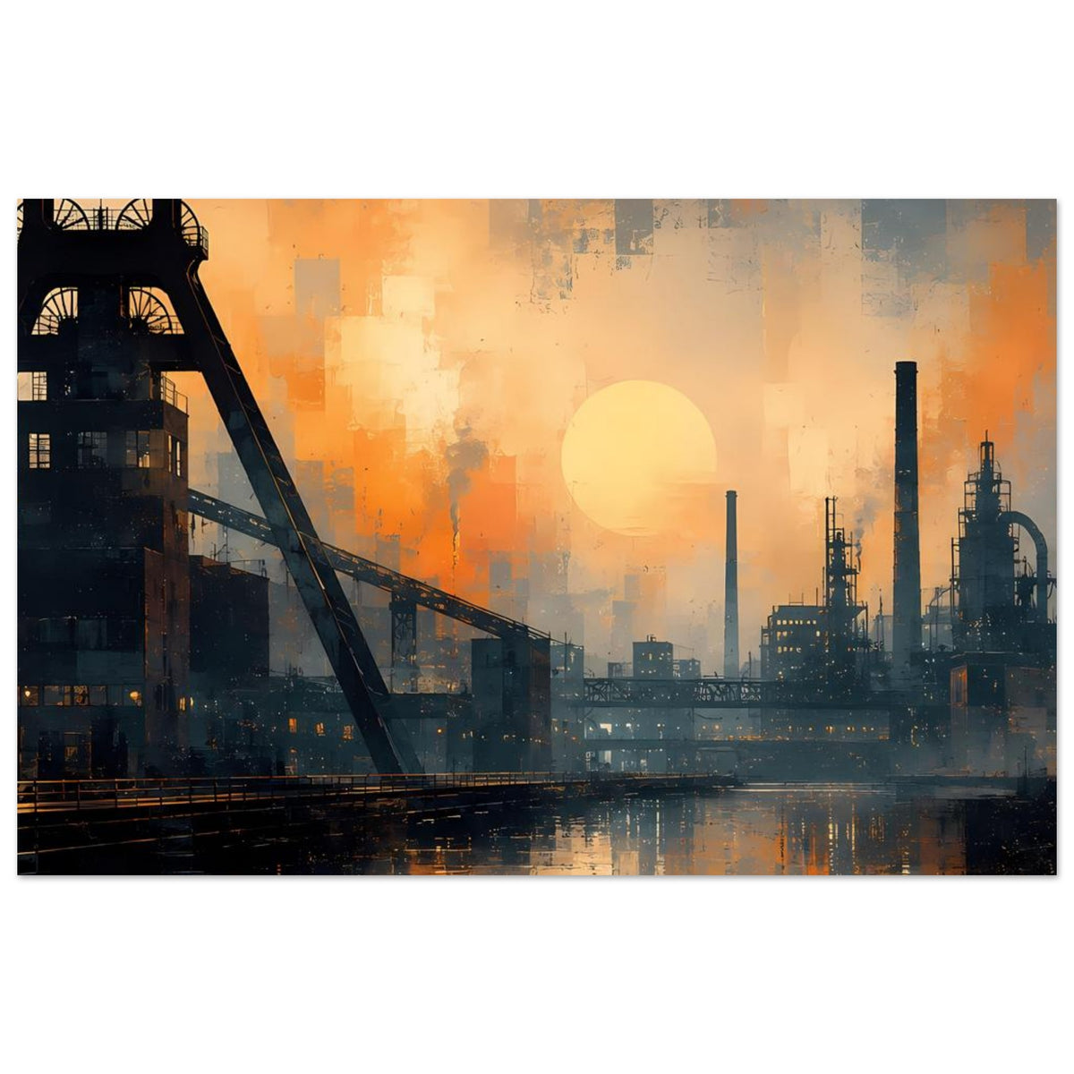 Industriepanorama-Poster im Querformat: industrielle Silhouette mit orangefarbener Dämmerung