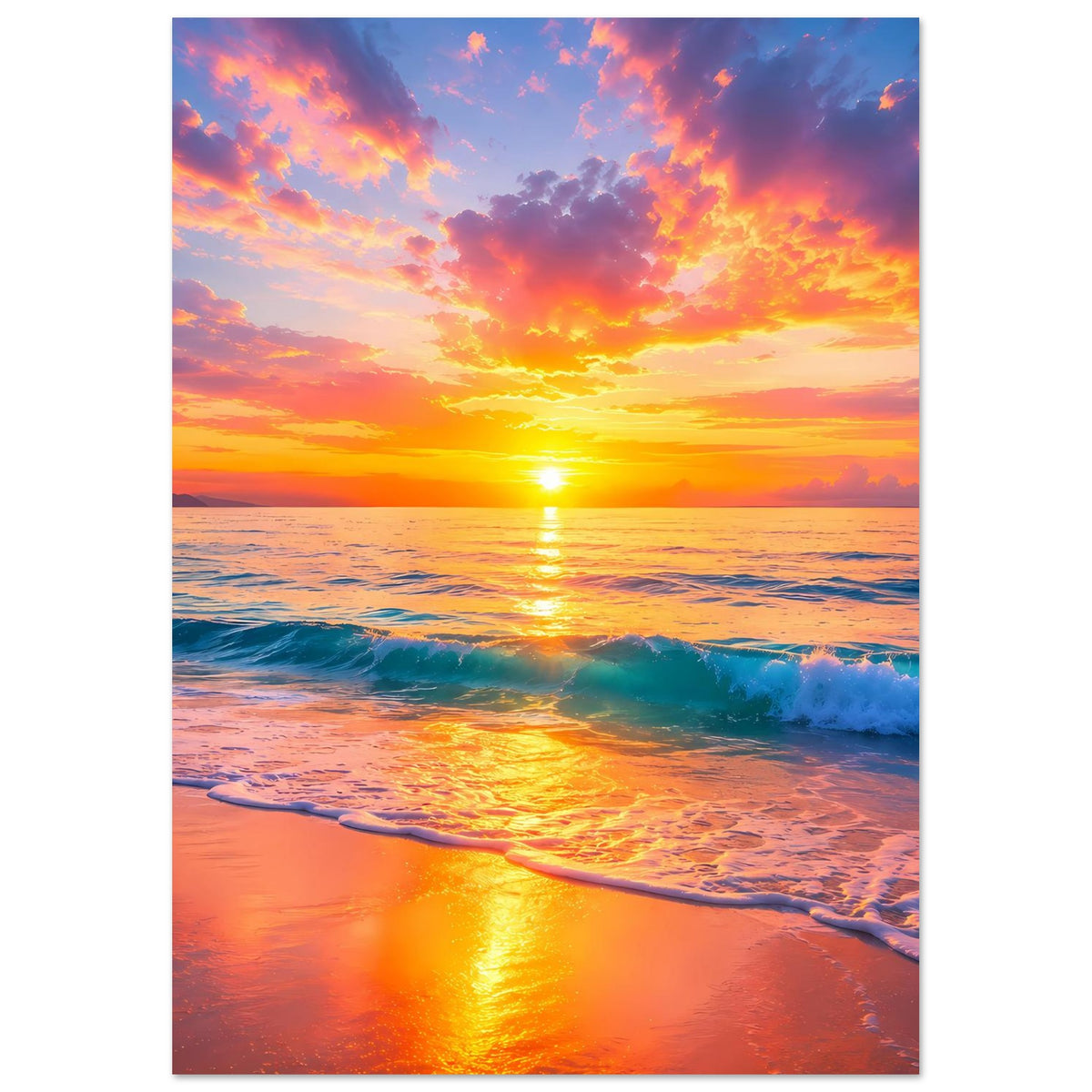 Sonnenuntergangs-Strandposter, vertikal: Sonne im Zentrum, orangefarbener Himmel über Küste