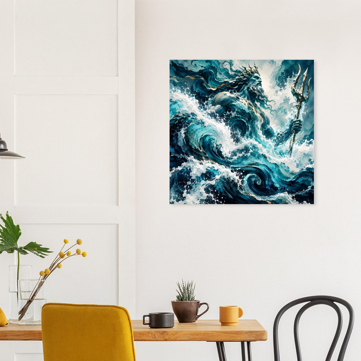 Quadratisches Wandposter mit kräftigen Meereswirbeln in Blau, weißem und goldfarbenem Glanz