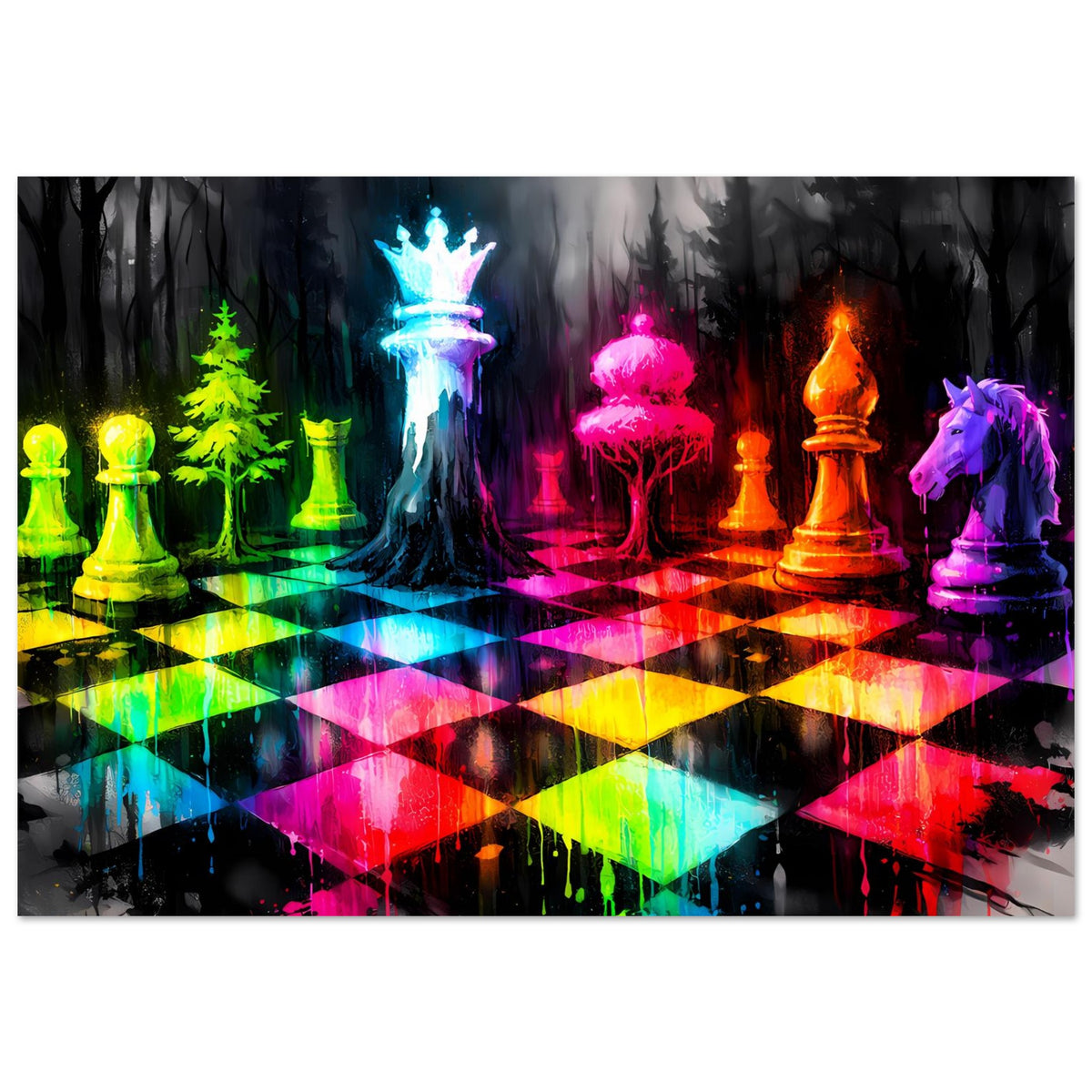 Leuchtendes Schachspiel-Poster mit leuchtenden Figuren an beiden Seiten und regenbogenfarbenem Brett