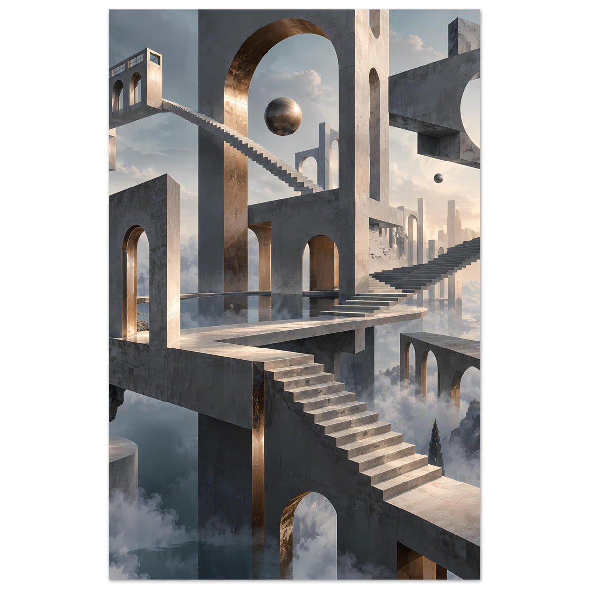 Architekturposter: schwebende Treppe mit Torbögen und goldener Rundöffnung, Kugel im Himmel