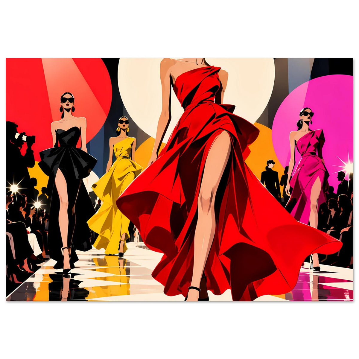 Pop-Art-Poster im Querformat: Model im roten Kleid dominiert, daneben schwarze und gelbe Figuren