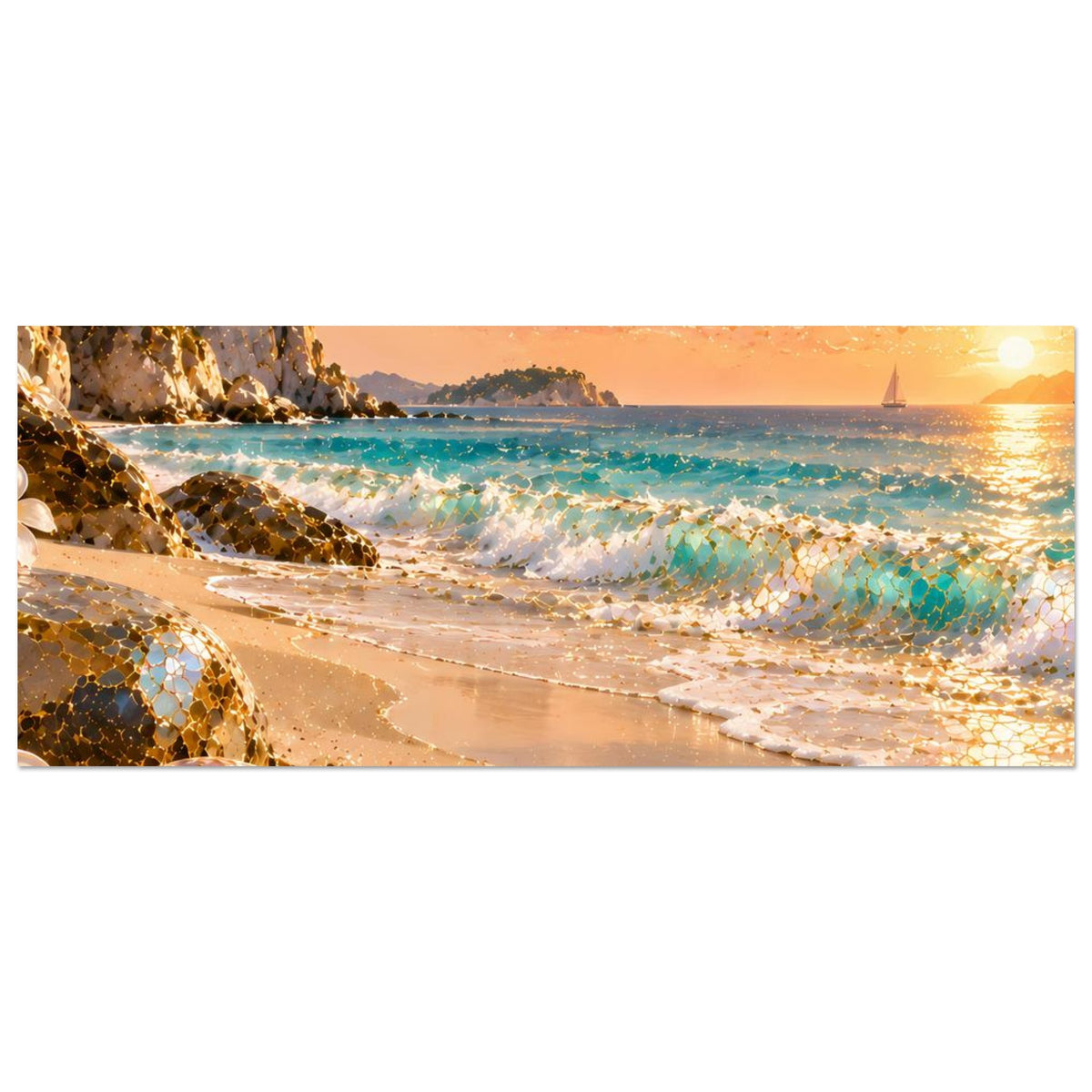 Strandposter im Querformat, Panoramaansicht von Strand, Wellen und goldenen Mosaikschimmern