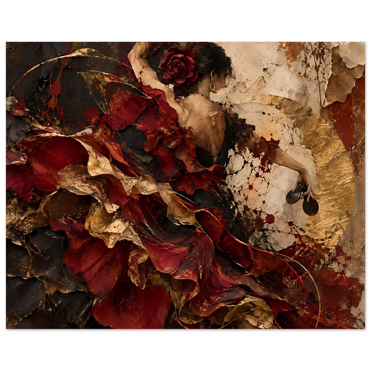 Wandkunst-Poster: Frau mit roter Rose, rotes Tuch über dunkler goldener Fläche