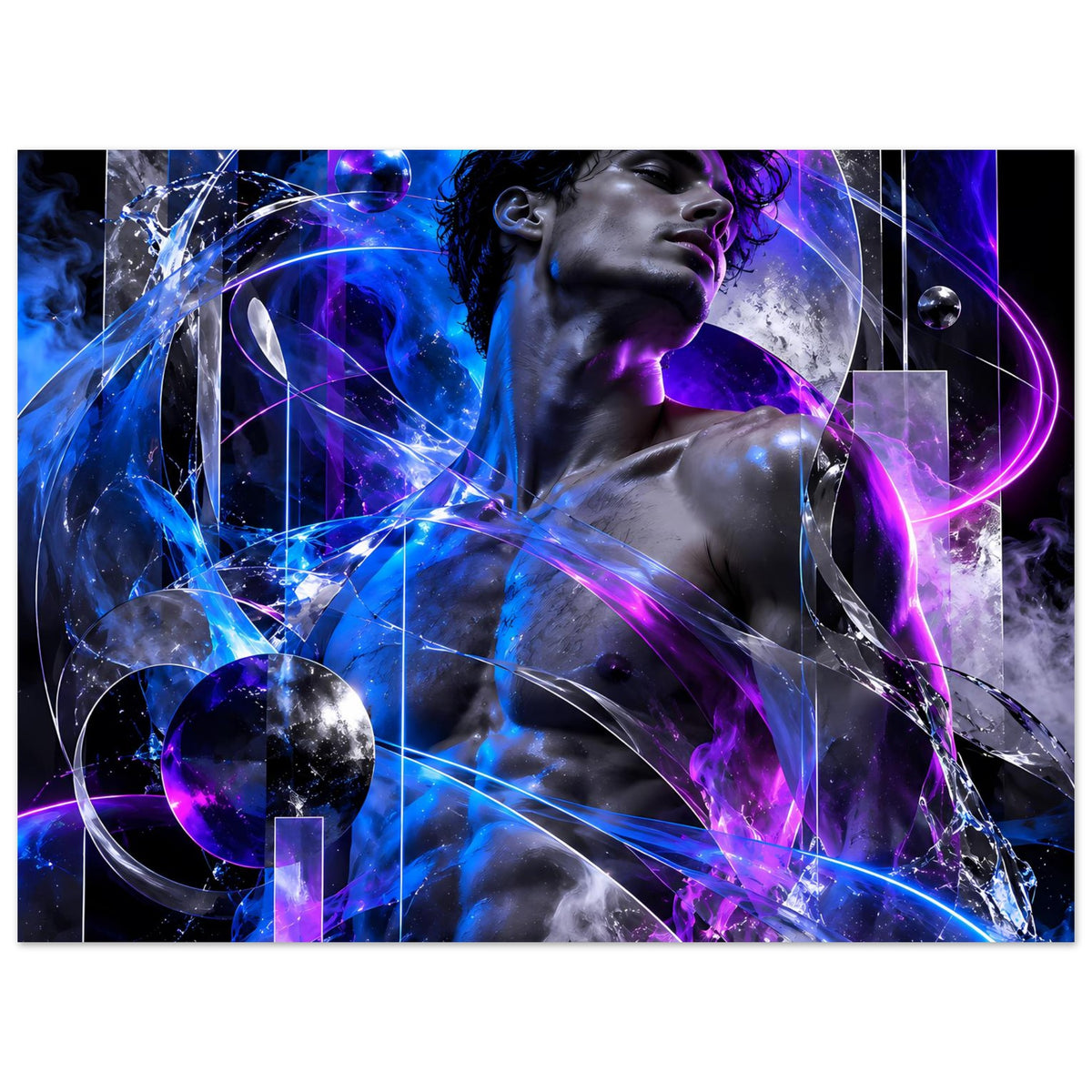 Horizontales Poster: blau-violetter Lichteffekt über männlichem Torso, Kugel und Kreisformen
