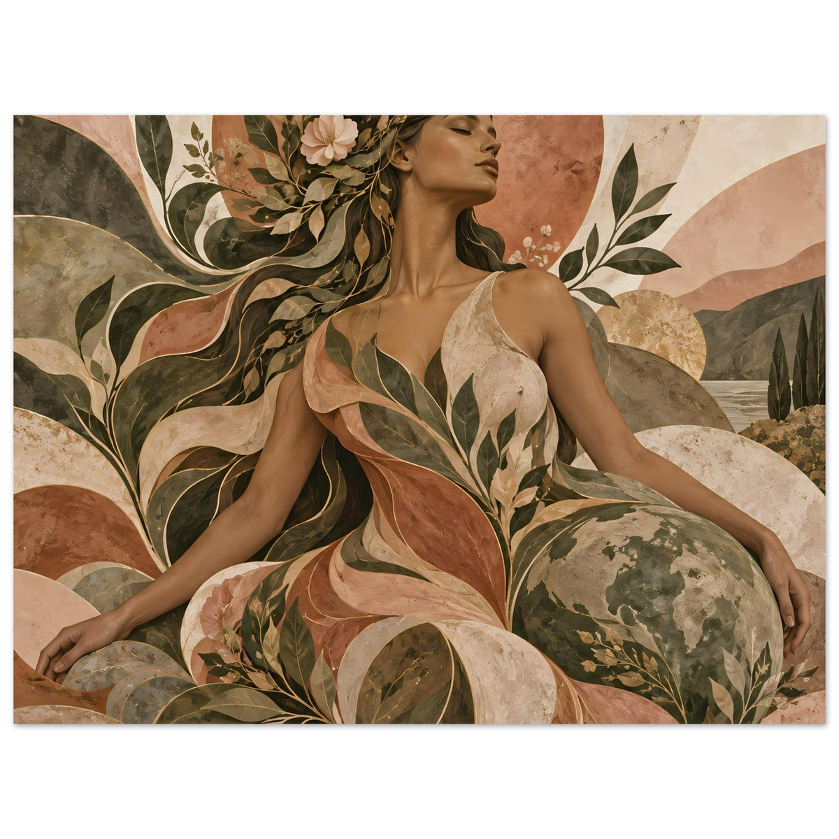 Naturverbundenes Kunst-Poster (Querformat) mit Pflanzenornamenten und Frauengestalt in Erdtönen