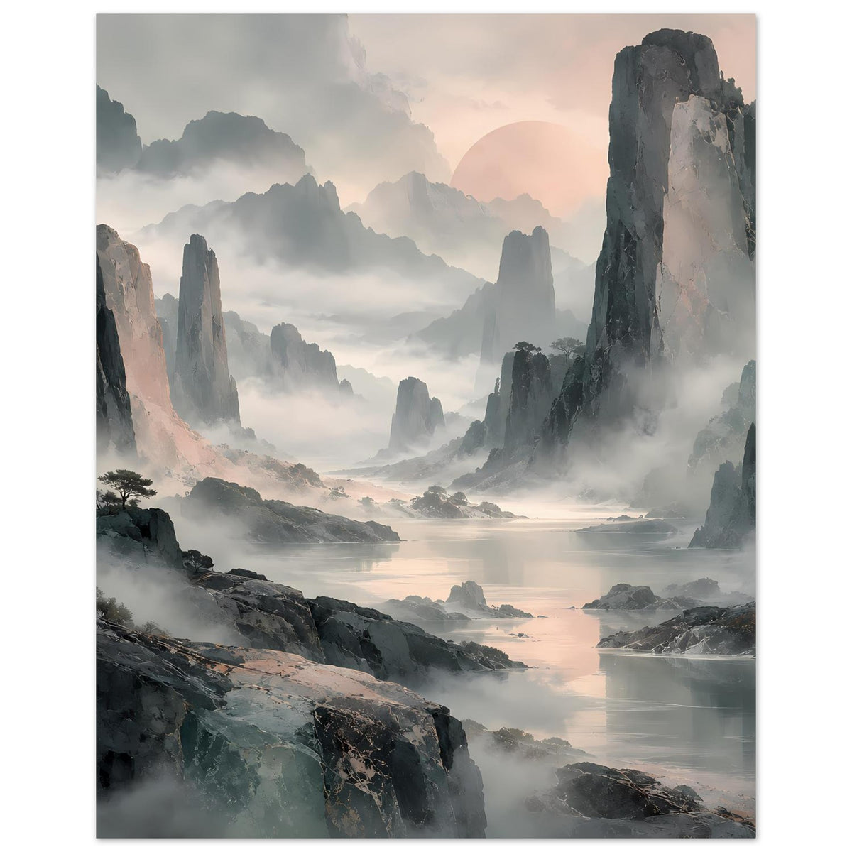 Poster mit felsigen Bergen im Nebel, Wasser im Vordergrund und Pastellsonne am Horizont