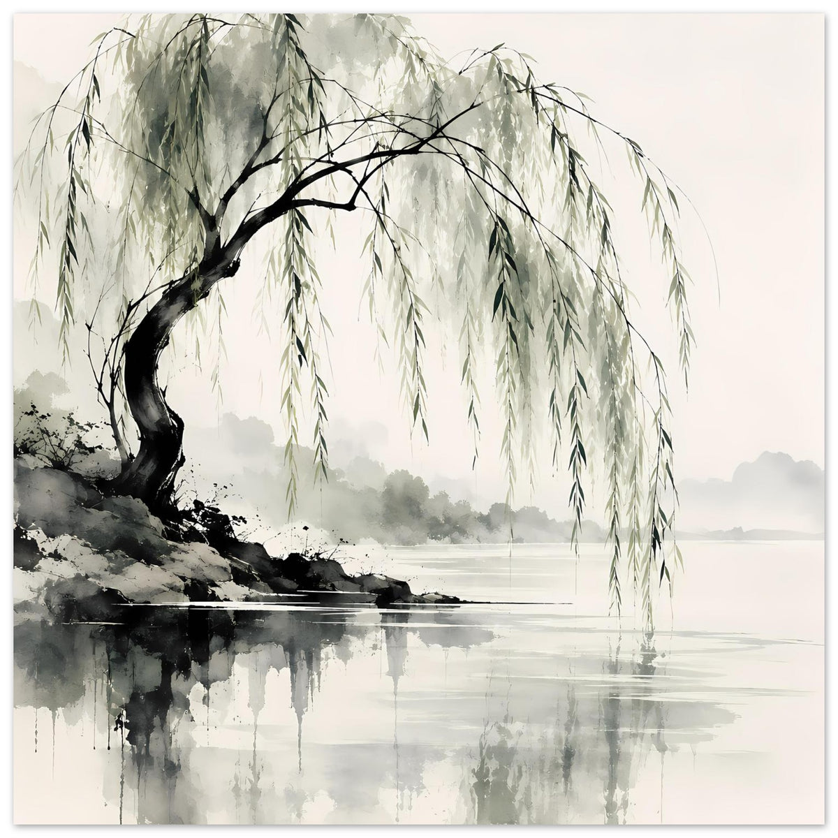 Naturposter mit weinender Weide und Wasserlinie: dunkler Baum, grüne Zweige, ruhige Reflexion